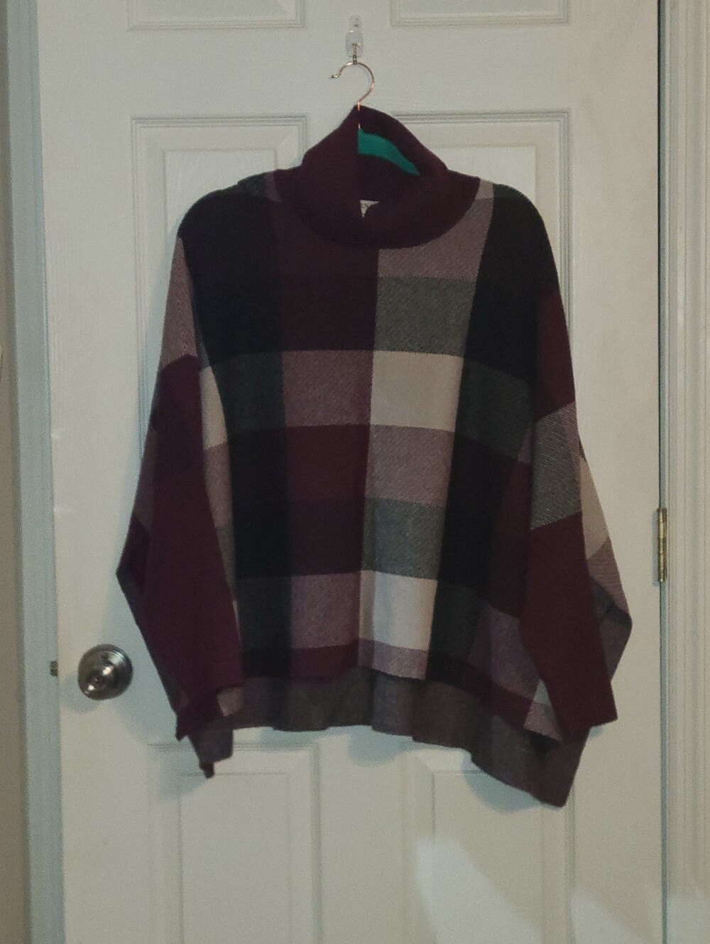 Zenana Outfitters Burgundy Plaid Cowl Neck Sweater Poncho NWOT